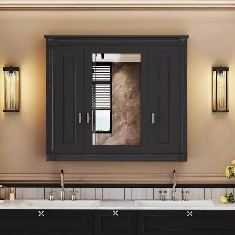 MAYEERTY 35 Wall Mounted Bathroom Medicine Cabinet, Modern Bathroom Wall Cabinet with Mirror Open Shelves for Bathroom Gray