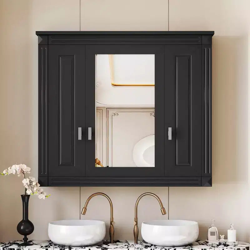 Armadietto dei medicinali da bagno a parete da 35" con specchio e ripiani aperti, grigio