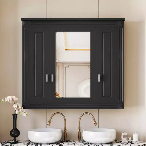 Armadietto dei medicinali da bagno a parete da 35" con specchio e ripiani aperti, grigio