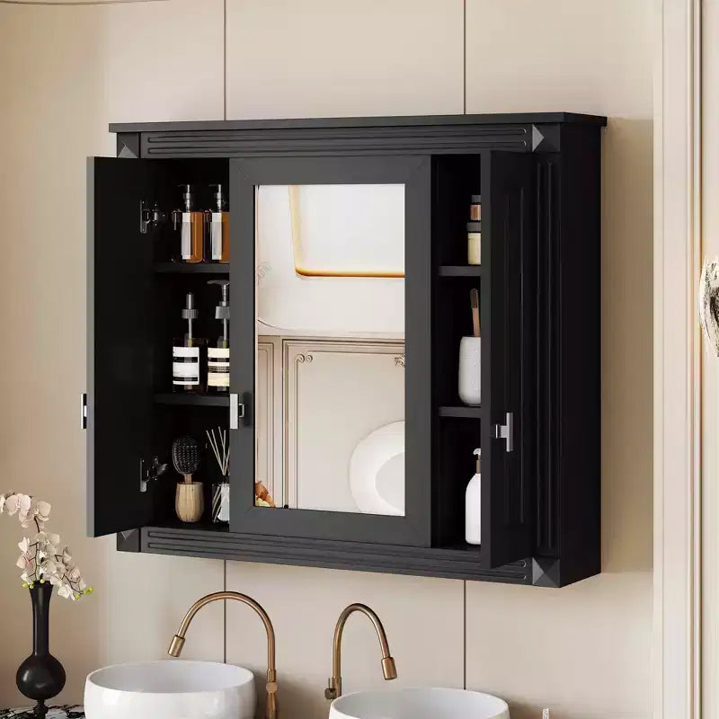 Armadietto dei medicinali da bagno a parete da 35" con specchio e ripiani aperti, grigio