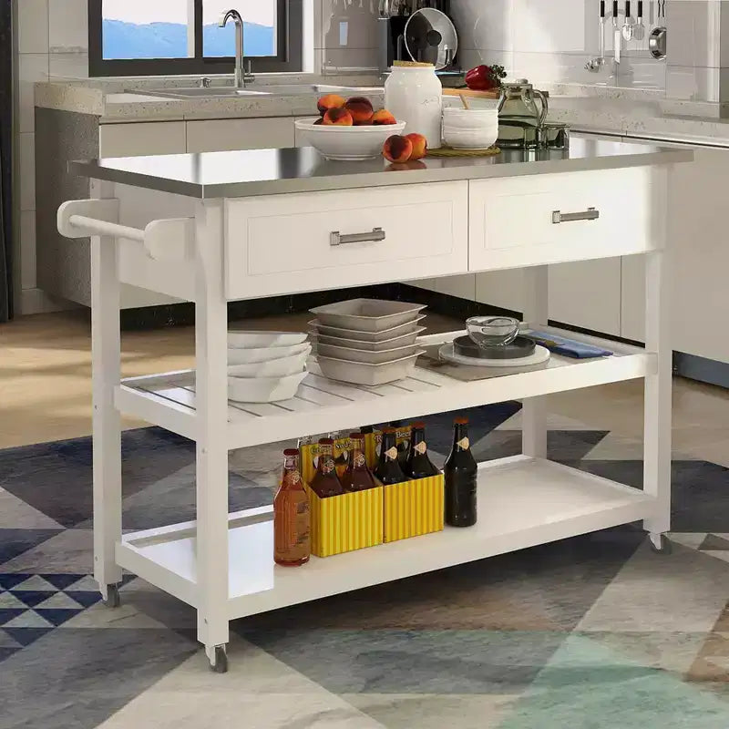 MAYEERTY White Kitchen Cart, Stainless Steel Top 2 Drawers