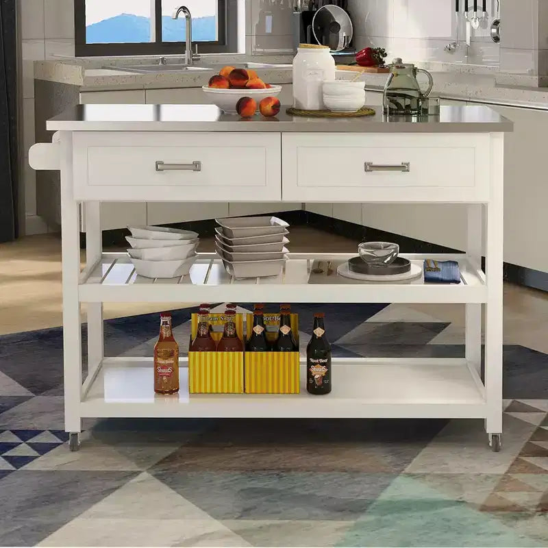 Carrello da Cucina Bianco con Piano in Acciaio Inox e 2 Cassetti