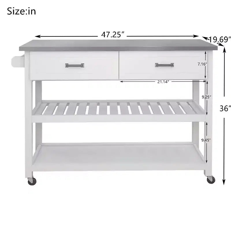 Carrello da Cucina Bianco con Piano in Acciaio Inox e 2 Cassetti