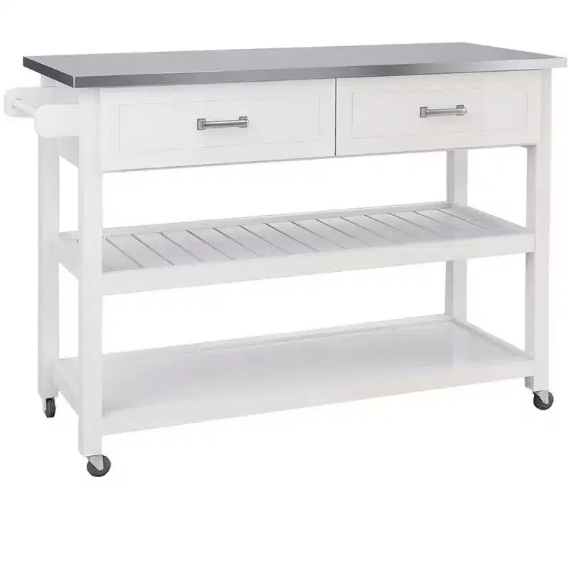 Carrello da Cucina Bianco con Piano in Acciaio Inox e 2 Cassetti