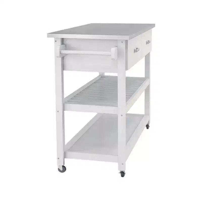 Carrello da Cucina Bianco con Piano in Acciaio Inox e 2 Cassetti