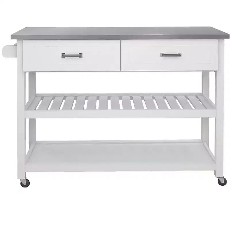 Carrello da Cucina Bianco con Piano in Acciaio Inox e 2 Cassetti