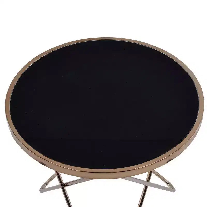 Tavolino con piano in vetro temperato nero e struttura in metallo color champagne