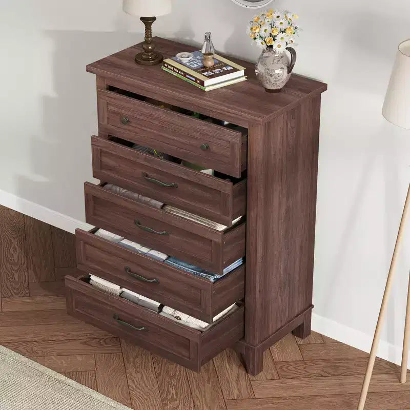 Cassettiera Alta a 5 Cassetti, Cassettiera Verticale Autoportante in Legno da 105 cm con Ampio Spazio Contenitivo, Organizzatore per Armadio