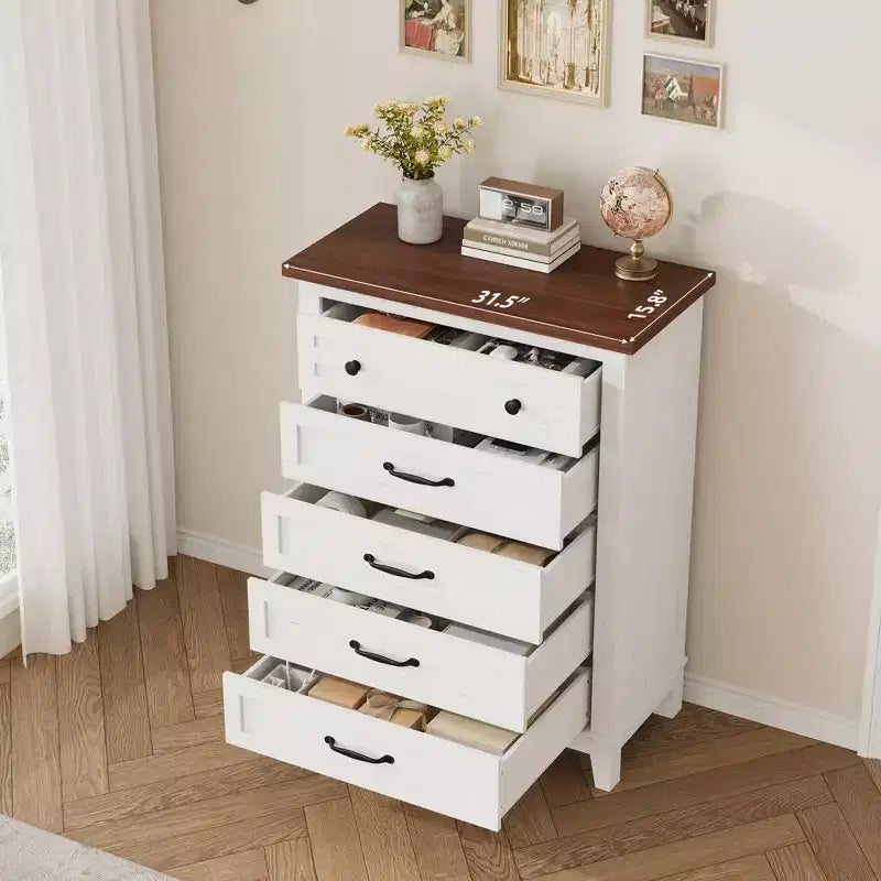 Cassettiera Alta a 5 Cassetti, Cassettiera Verticale Autoportante in Legno da 105 cm con Ampio Spazio Contenitivo, Organizzatore per Armadio