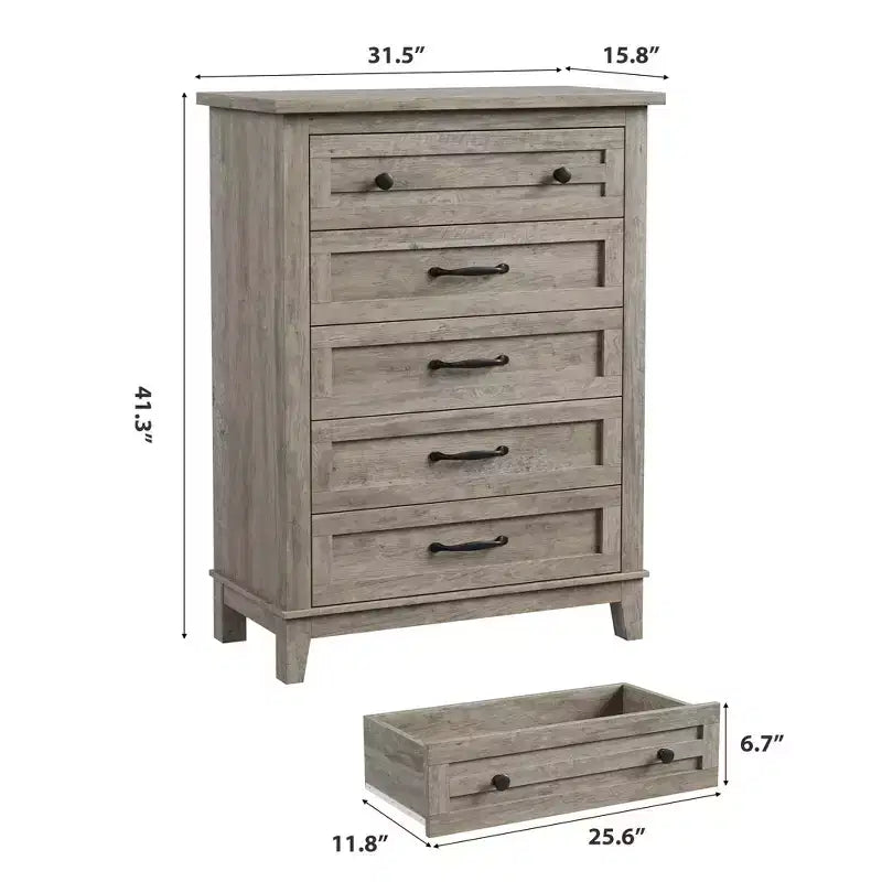 Cassettiera Alta a 5 Cassetti, Cassettiera Verticale Autoportante in Legno da 105 cm con Ampio Spazio Contenitivo, Organizzatore per Armadio