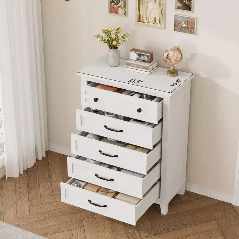 Cassettiera Alta a 5 Cassetti, Cassettiera Verticale Autoportante in Legno da 105 cm con Ampio Spazio Contenitivo, Organizzatore per Armadio