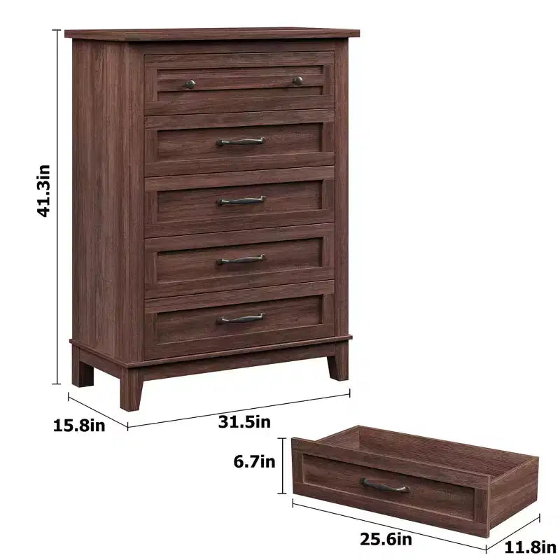 Cassettiera Alta a 5 Cassetti, Cassettiera Verticale Autoportante in Legno da 105 cm con Ampio Spazio Contenitivo, Organizzatore per Armadio