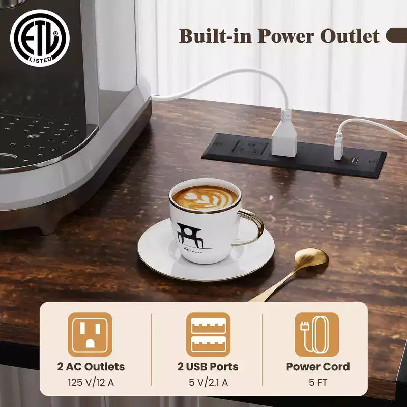 Mobile da cucina Baker da 67" con presa di corrente, Armadietto da caffè con ganci a forma di S
