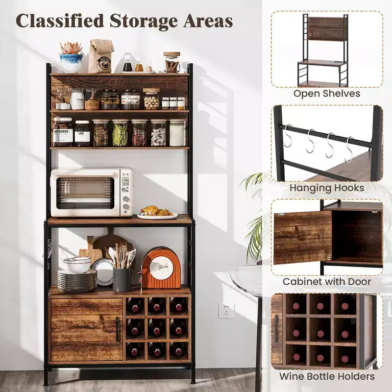 Mobile da cucina Baker da 67" con presa di corrente, Armadietto da caffè con ganci a forma di S