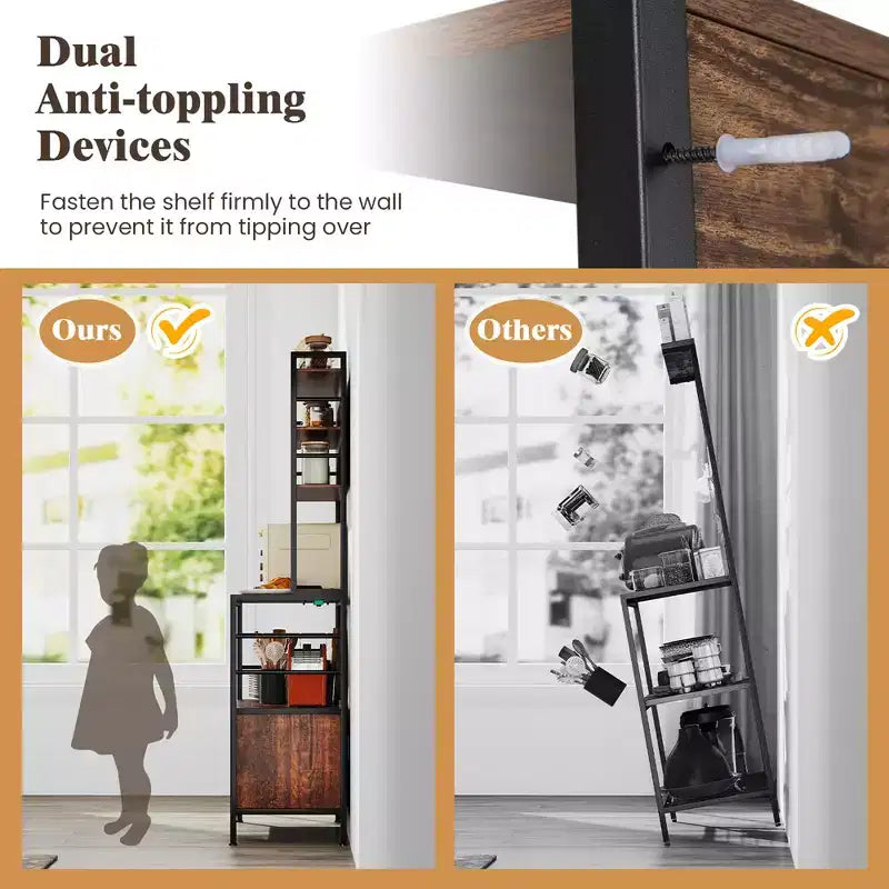 Mobile da cucina Baker da 67" con presa di corrente, Armadietto da caffè con ganci a forma di S
