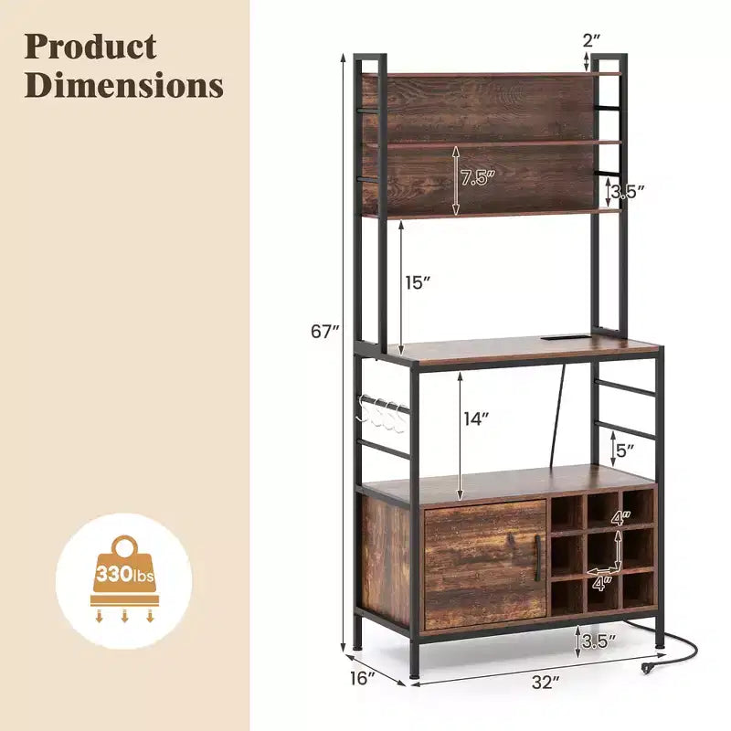 Mobile da cucina Baker da 67" con presa di corrente, Armadietto da caffè con ganci a forma di S