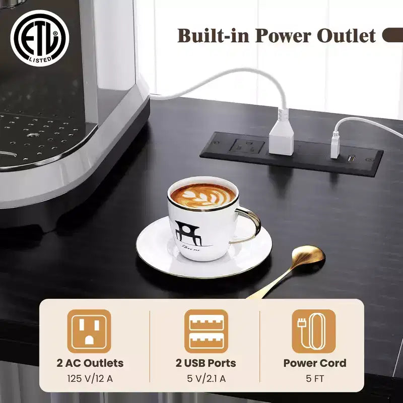 Mobile da cucina Baker da 67" con presa di corrente, Armadietto da caffè con ganci a forma di S