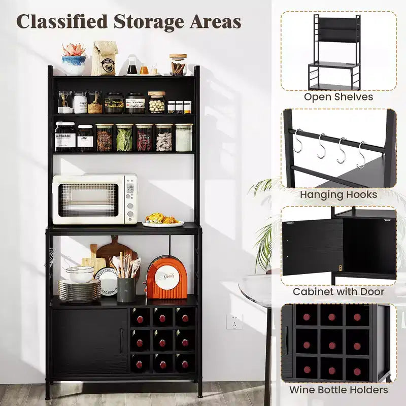 Mobile da cucina Baker da 67" con presa di corrente, Armadietto da caffè con ganci a forma di S
