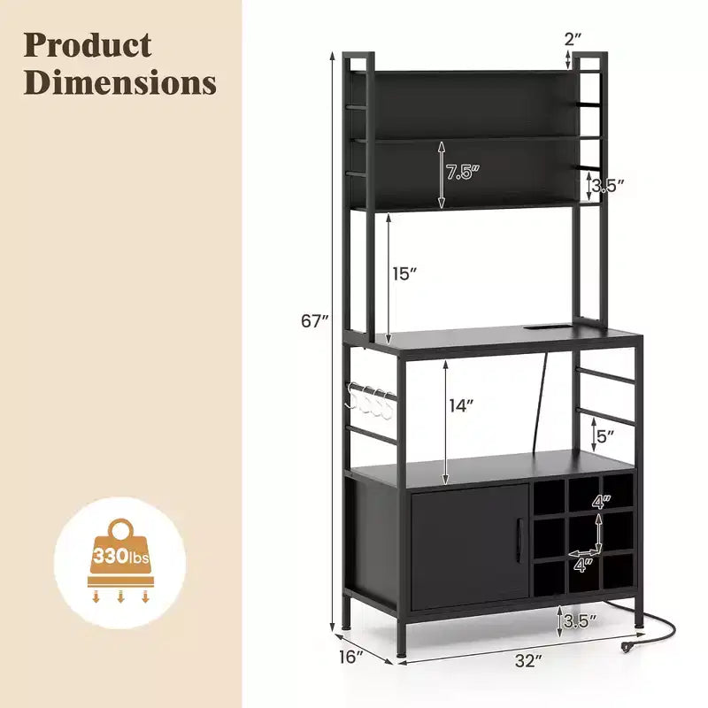 Mobile da cucina Baker da 67" con presa di corrente, Armadietto da caffè con ganci a forma di S
