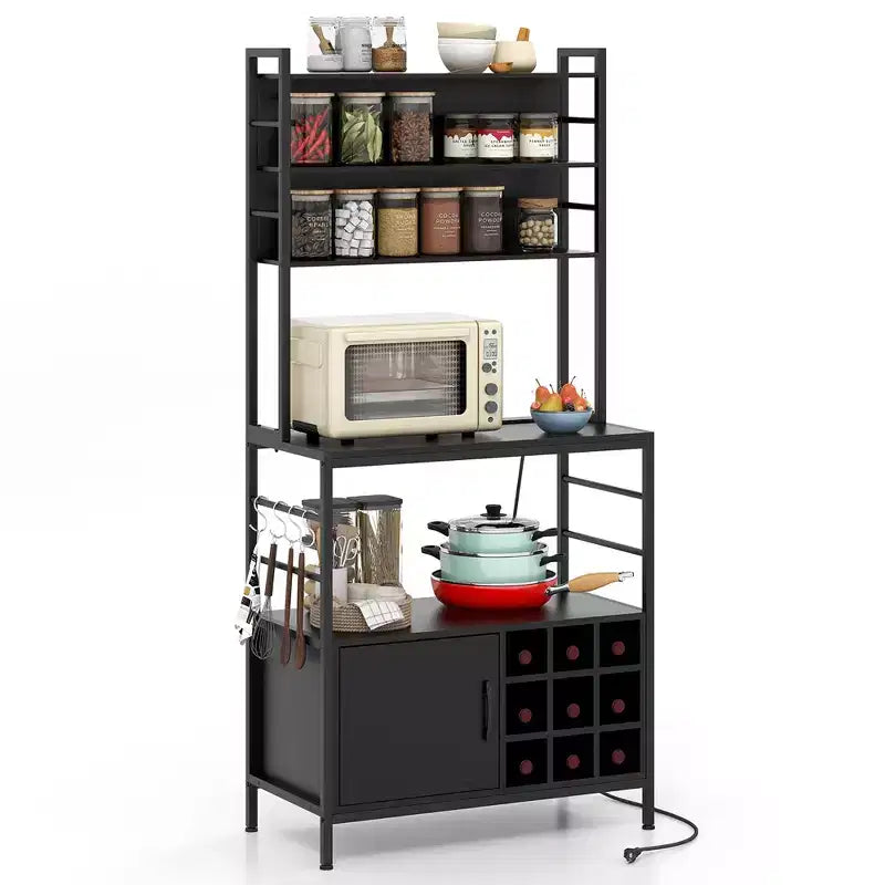 Costway 67 Bakers Rack w/ Power Outlet Coffee Bar Cabinet w/ S-Shaped Hooks