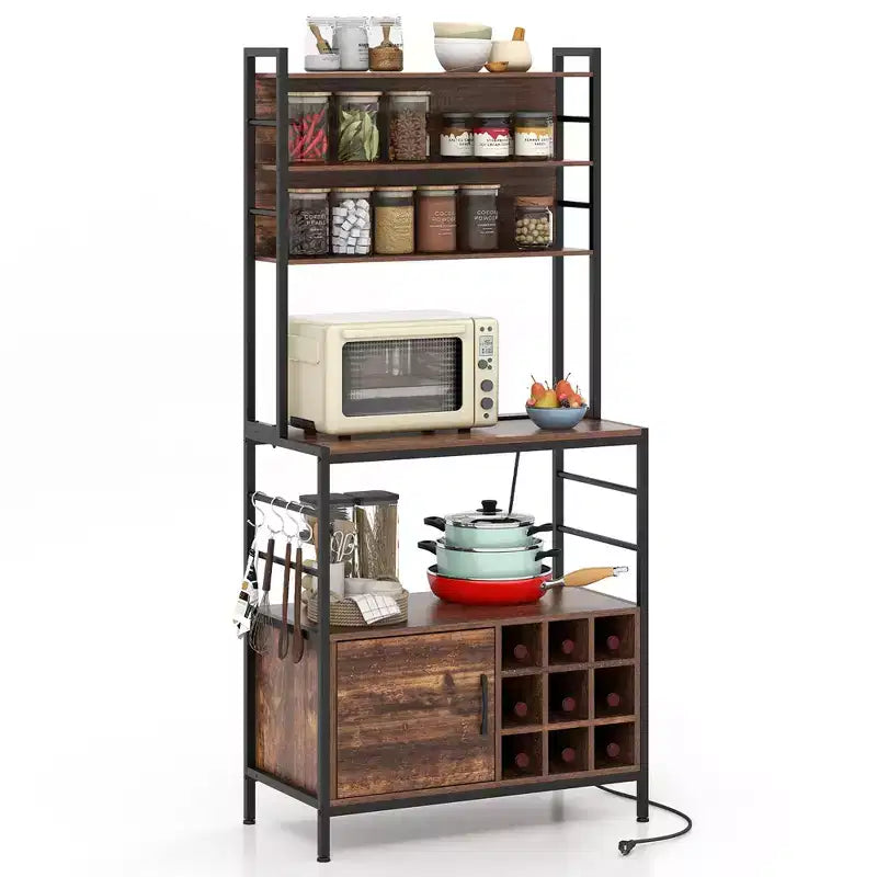 Mobile da cucina Baker da 67" con presa di corrente, Armadietto da caffè con ganci a forma di S