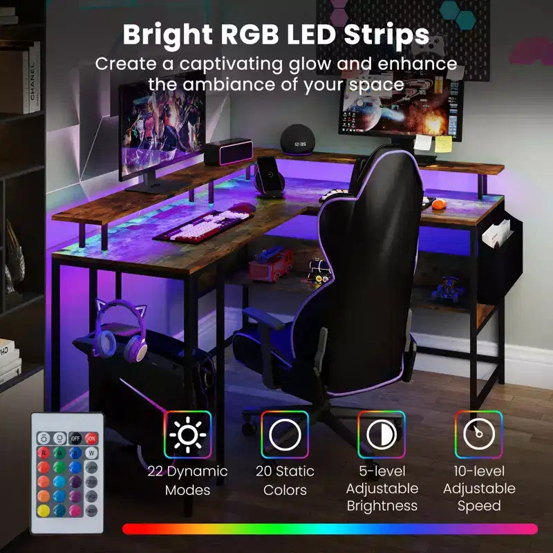 Scrivania da Gaming a L con Luci LED, Prese Elettriche, Supporto Monitor e Borsa Contenitore in Tessuto