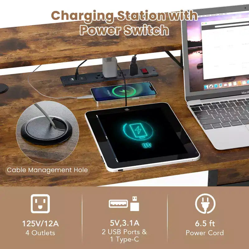 Scrivania da Gaming a L con Luci LED, Prese Elettriche, Supporto Monitor e Borsa Contenitore in Tessuto