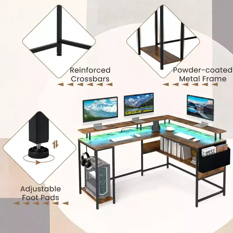 Scrivania da Gaming a L con Luci LED, Prese Elettriche, Supporto Monitor e Borsa Contenitore in Tessuto