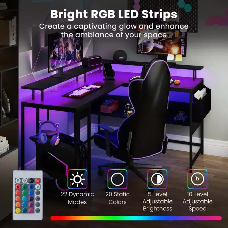 Scrivania da Gaming a L con Luci LED, Prese Elettriche, Supporto Monitor e Borsa Contenitore in Tessuto