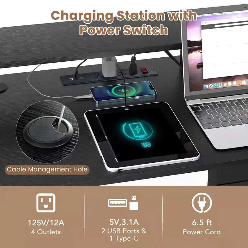 Scrivania da Gaming a L con Luci LED, Prese Elettriche, Supporto Monitor e Borsa Contenitore in Tessuto