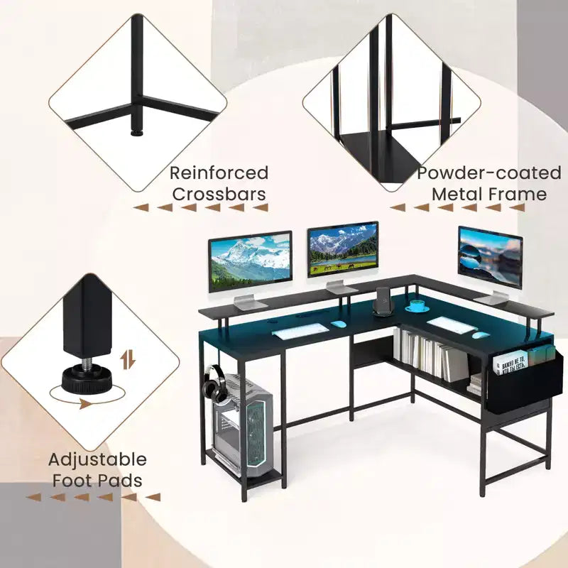 Scrivania da Gaming a L con Luci LED, Prese Elettriche, Supporto Monitor e Borsa Contenitore in Tessuto
