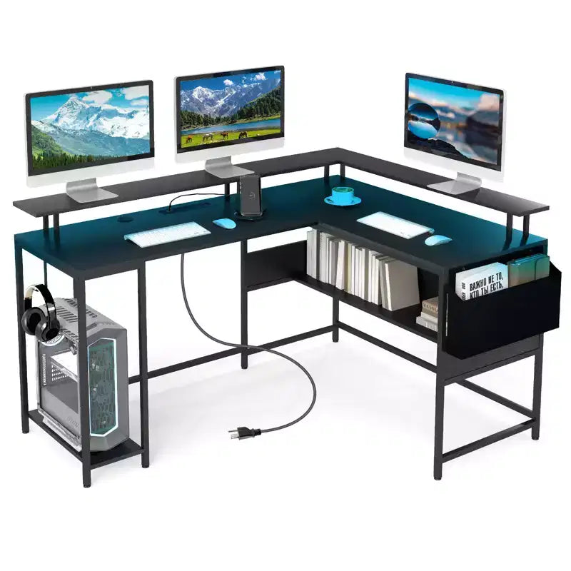 Costway L-Shaped Gaming Desk w/ LED Lights & Power Outlets Monitor Stand Fabric Bag