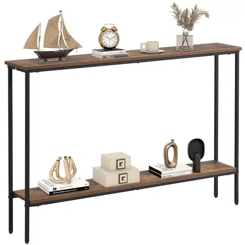 Costway 44 Narrow Entryway Table Console Table w/ Shelf & Dual Anti-Tipping Kits Brown & Black