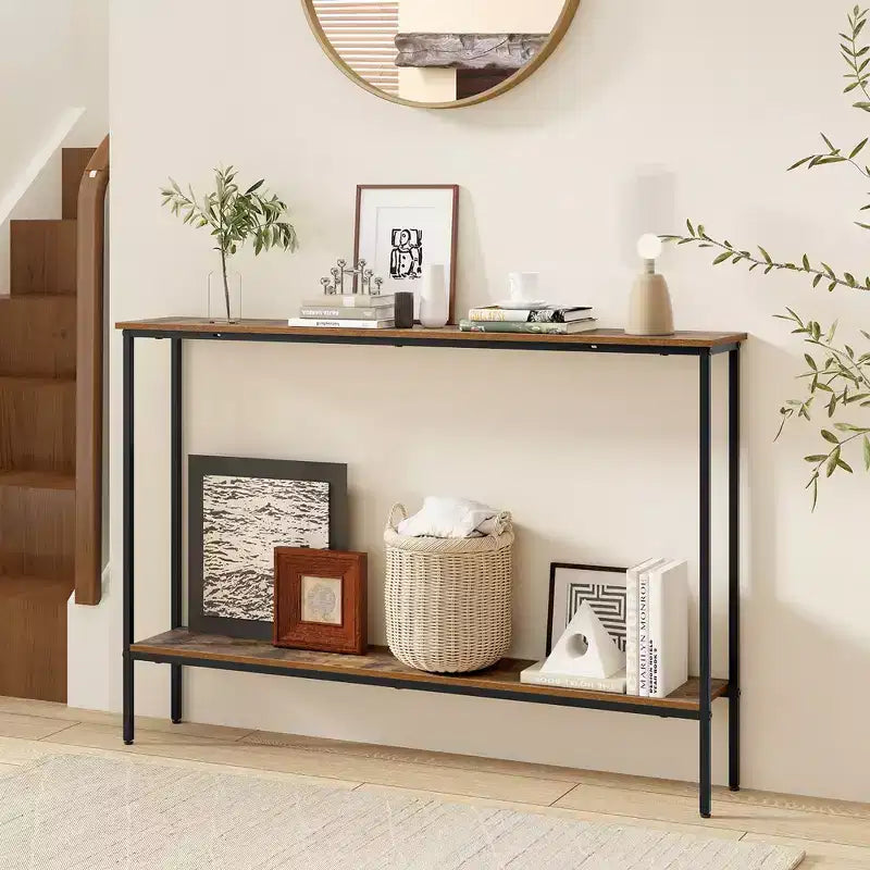 Consolle stretta da ingresso con ripiano inferiore e doppio kit antiribaltamento, 112 cm, marrone e nero