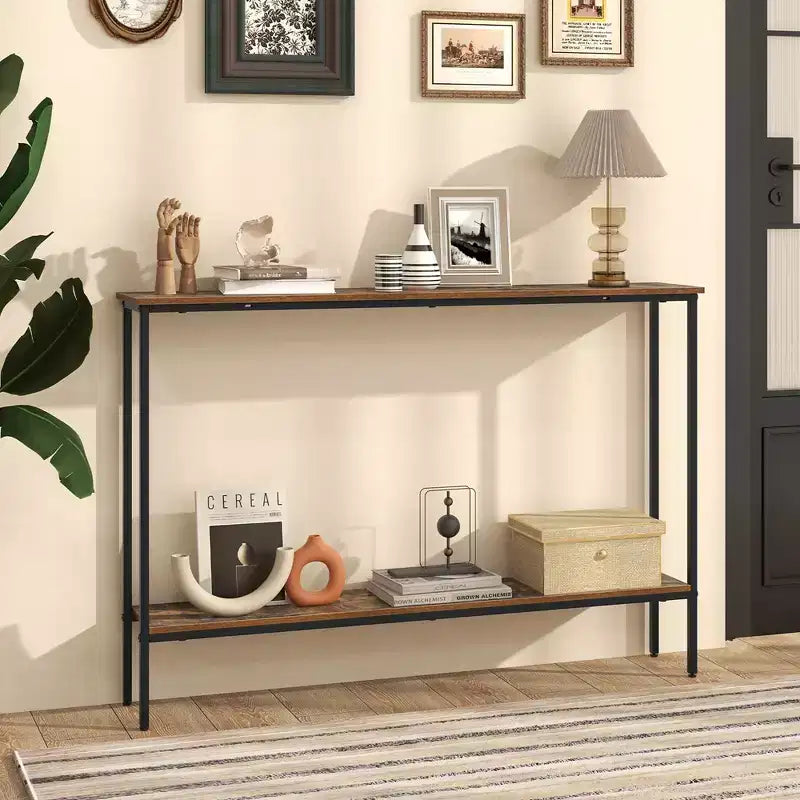 Consolle stretta da ingresso con ripiano inferiore e doppio kit antiribaltamento, 112 cm, marrone e nero