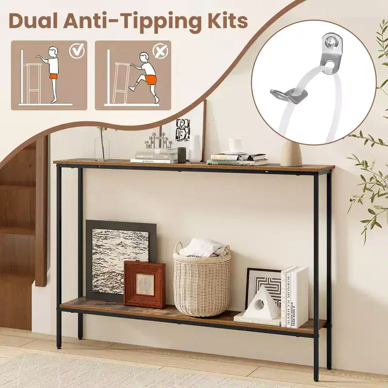 Consolle stretta da ingresso con ripiano inferiore e doppio kit antiribaltamento, 112 cm, marrone e nero