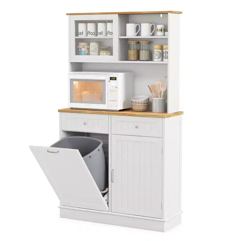 Costway Double Tilt Out Trash Cabinet w/ Hutch Kitchen Pantry Storage Cabinet White