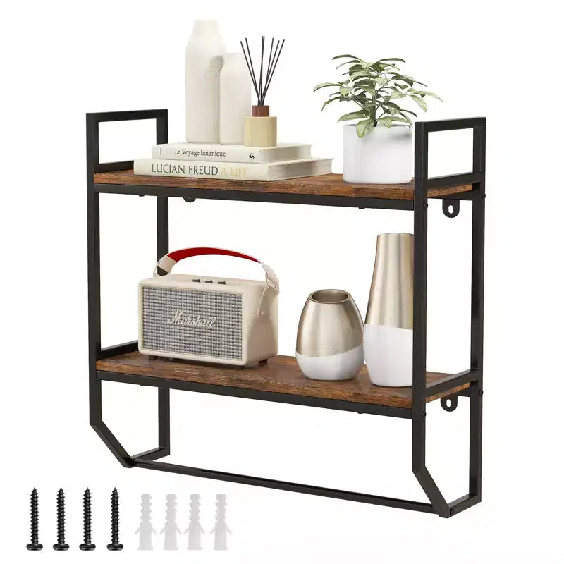 Costway 2-Tier Floating Shelving Wall-Mounted Shelf with Hanging Rod Expansion Screws & Metal Frame