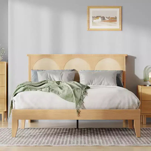Solid Wood Bed with Natural Rattan Headboard & LED Lights, No Box Spring Needed, Storage Underneath, Sturdy Noise-Free Bed Frame, Easy Assembly