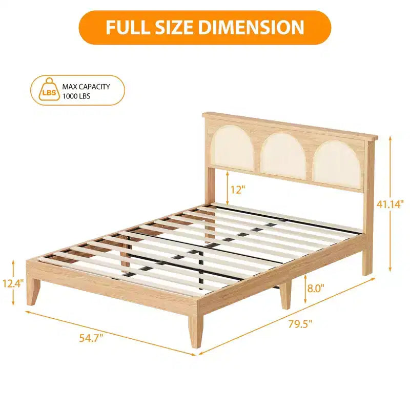 Letto imbottito full size con testiera ad alette, tessuto in lino, doghe in legno, 212,1 cm L x 146 cm P x 119,9 cm A