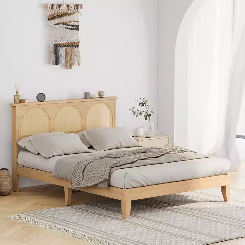 Letto imbottito full size con testiera ad alette, tessuto in lino, doghe in legno, 212,1 cm L x 146 cm P x 119,9 cm A