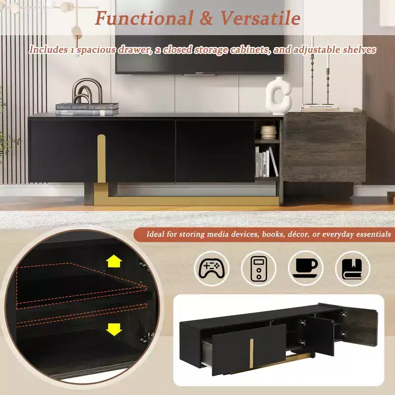 Mobile TV Moderno con Cassetti per TV fino a 70 Pollici, Struttura in MDF e Metallo, 169,4 cm L x 41,4 cm P x 50,5 cm A