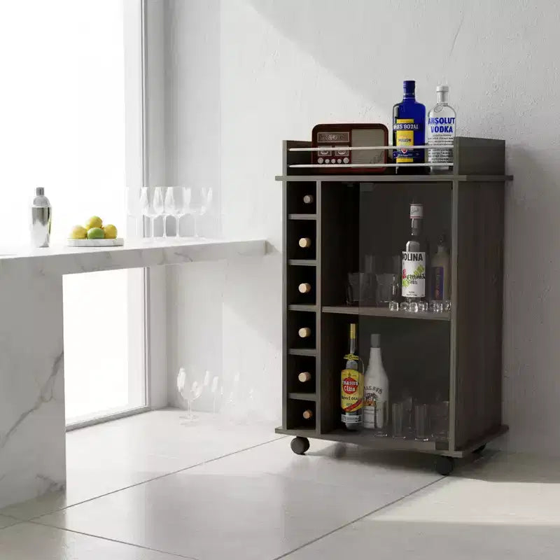 Homy Casa Bar Cart with Two Shelves and Six Bottle Rack for Dining Room or Living Space, Brown