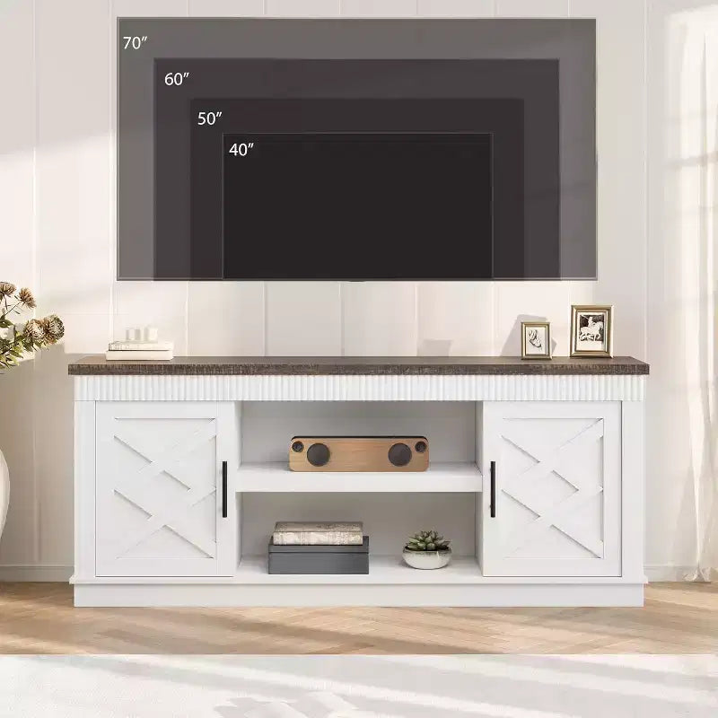 Mobile TV rustico da 65 pollici con ante scorrevoli a persiana e ripiano aperto, adatto a TV fino a 75 pollici, 65"L x 15.7"P x 27.6"H