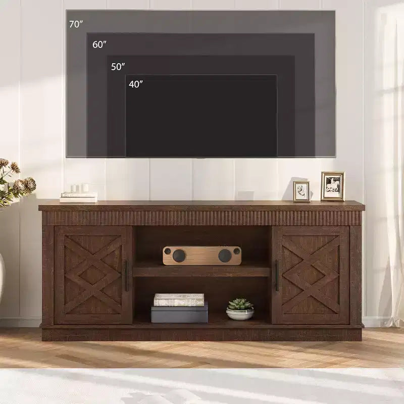 Mobile TV rustico da 65 pollici con ante scorrevoli a persiana e ripiano aperto, adatto a TV fino a 75 pollici, 65"L x 15.7"P x 27.6"H