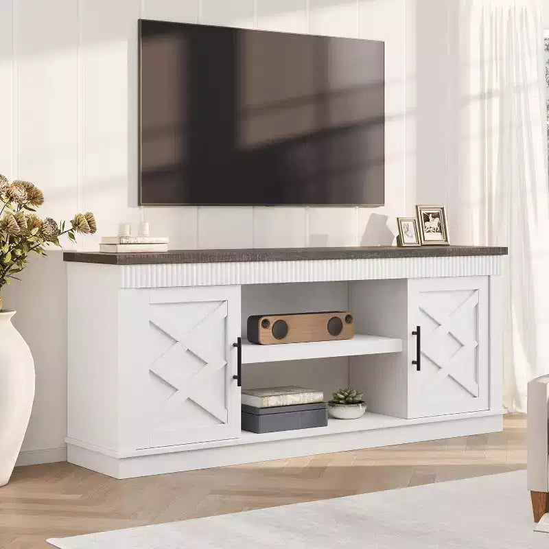 Mobile TV rustico da 65 pollici con ante scorrevoli a persiana e ripiano aperto, adatto a TV fino a 75 pollici, 65"L x 15.7"P x 27.6"H