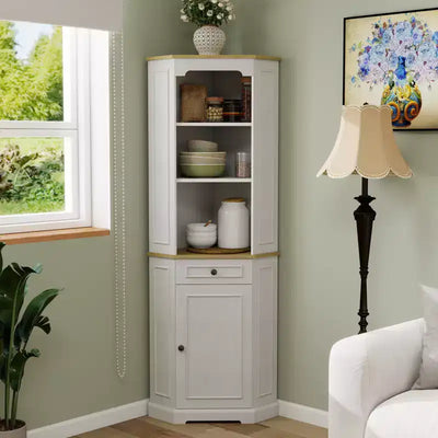 JVNOXK68-inch Tall Corner Cabinet Rustic Bar-Style Freestanding Corner Storage Unit Features 1 door, 1 drawer, and adjustable shelves White