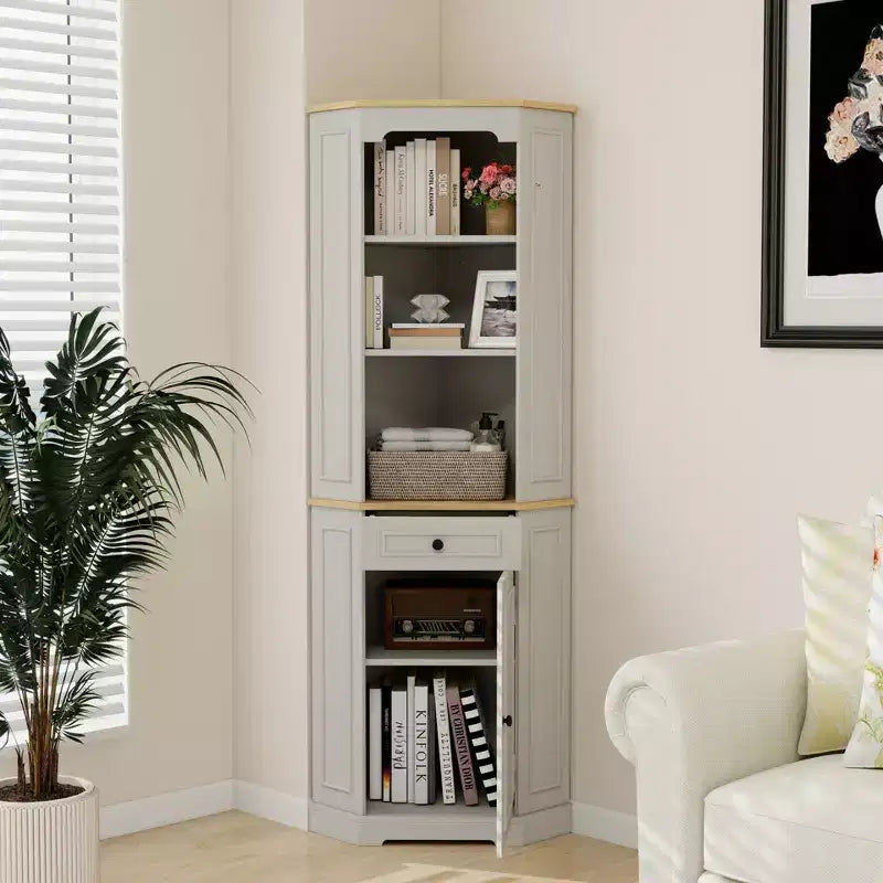 Mobile angolare salvaspazio alto 173 cm con anta scanalata, 1 cassetto e ripiani regolabili, 45 cm L x 45 cm P