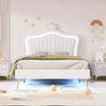 SC-1PC Twin Size Upholstered Bed Frame with LED Lights, Modern Upholstered Princess Bed With Crown Headboard White