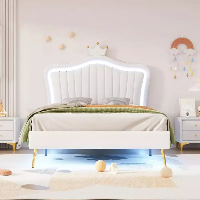 SC-1PC Twin Size Upholstered Bed Frame with LED Lights, Modern Upholstered Princess Bed With Crown Headboard White